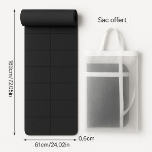 Tapis Yoga voyage noir sac offert, pratique et antidérapant pour le yoga en déplacement.