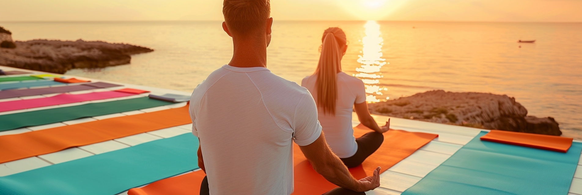 Tapis yoga posé au bord de la mer au lever du soleil